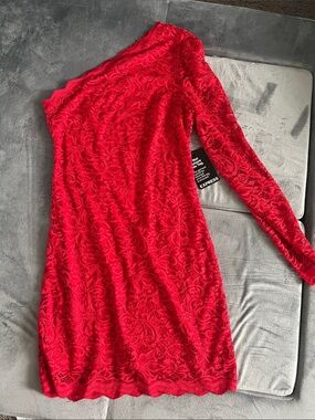 Express One-Shoulder Red Lace Mini Dress